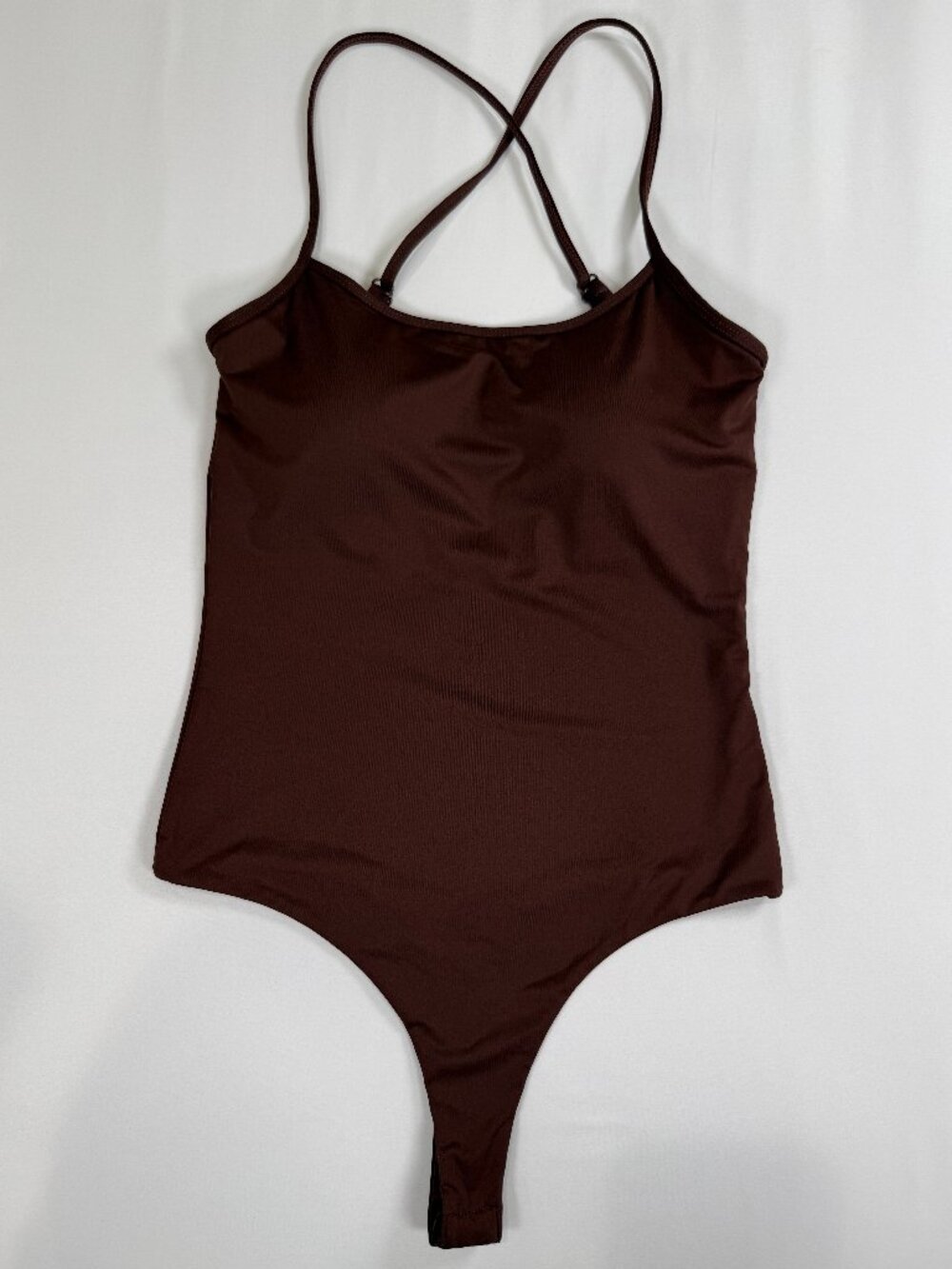 Klassy Network Brown Criss Cross Open Back Built-in Bra Thong Bodysuit Women's S